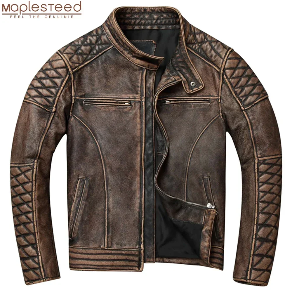 Vintage Men Leather Jacket Thick 100% Genuine Cowhide Biker Jacket  Slim Fit Men Motorcycle Coat Autumn ASIAN SIZE S-5XL M419