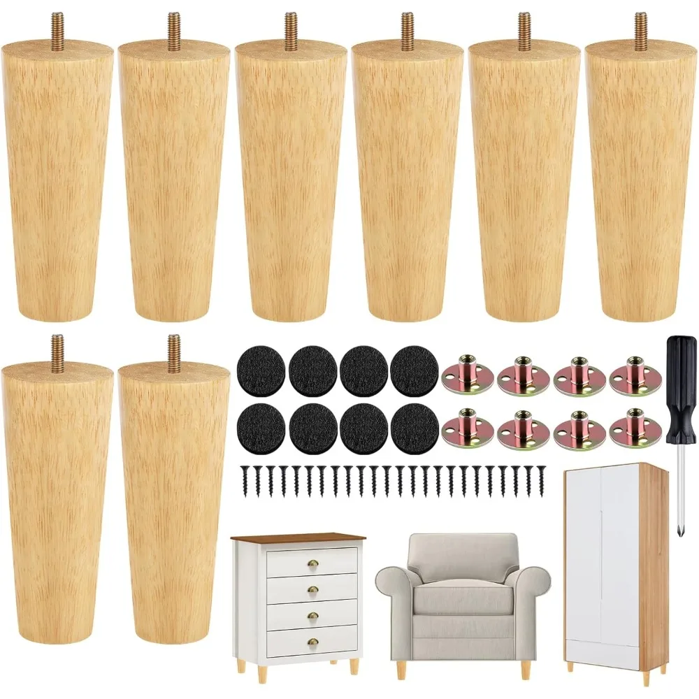 

8 Pieces Furniture Legs 6 Inches Round Solid Wood Furniture Feet with M8 T-Nuts Couch Legs Sofa Leg Replacement Leg for