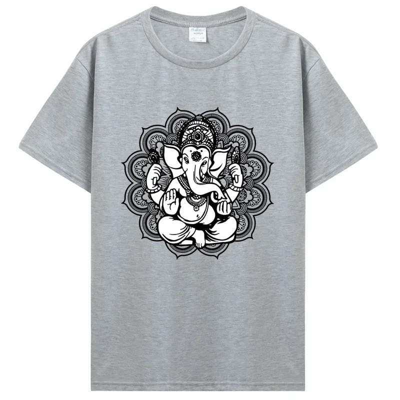 Men Cotton O-neck Tshirt Hip Hop Tees Streetwear Harajuku  Yoga Mandala Elephant Ganesha Tribal Ornaments Chakra Hindu T-Shirt