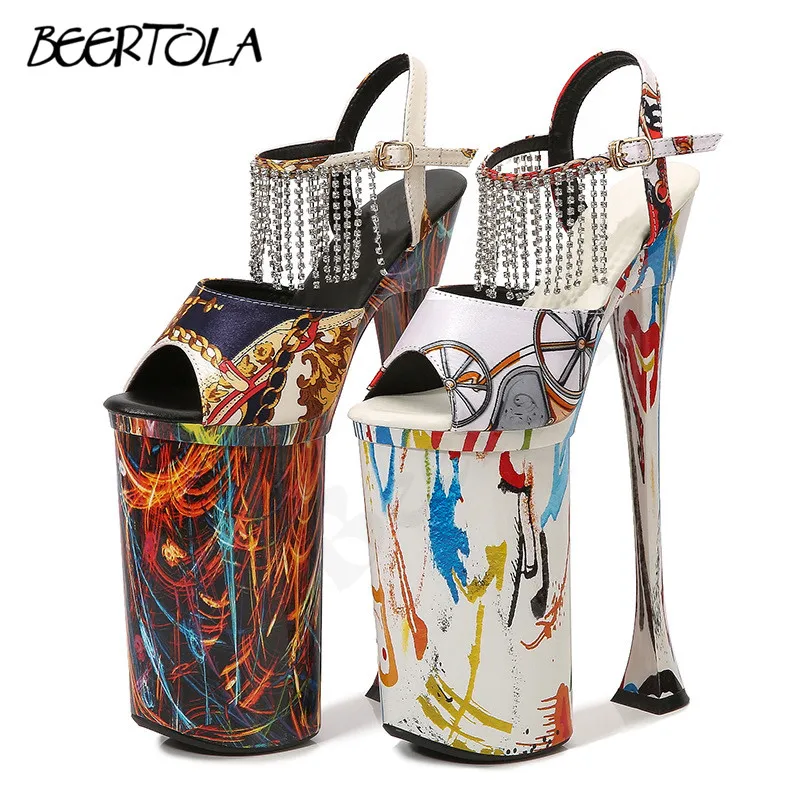 Women's Painted 26CM Super High Heel Sandals with Rhinestone Chain Sexy Catwalk Sandals Special Stage Performance Sandals