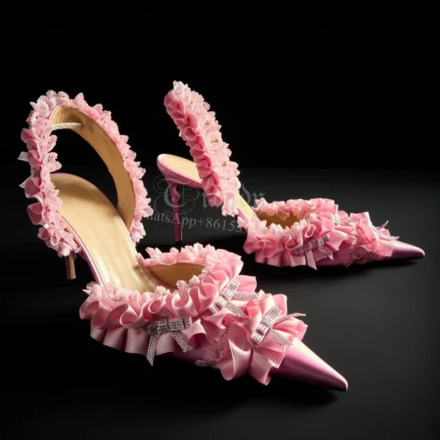 Pink Lace Ruffle Stiletto Sandals Woman Elegant Wedding Heel Pointed Toe Light Satin Folded Slingback Cute Pump Dress Party Shoe AliExpress
