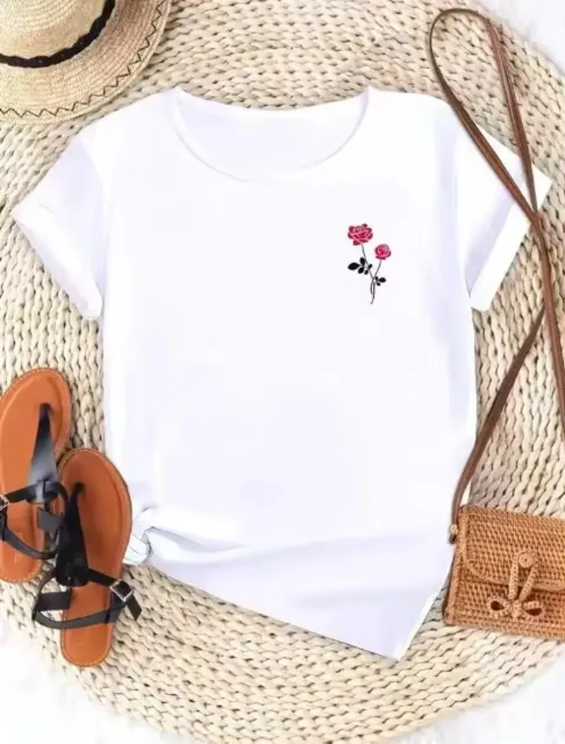 Women Minimalist Casual Daily Tee Red Rose Chest Graphic Printed Crew Neck Short Sleeve Effortless Chic Female High Qaulity Tops