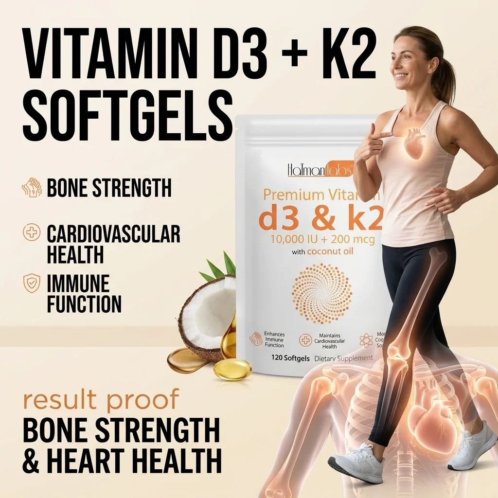 Vitamin D3 K2 Softgels for Maximize Calcium Absorption & Fortify Bone Strength - 10,000 IU D3 & 200 Mcg K2 MK-7 - 120 Softgels