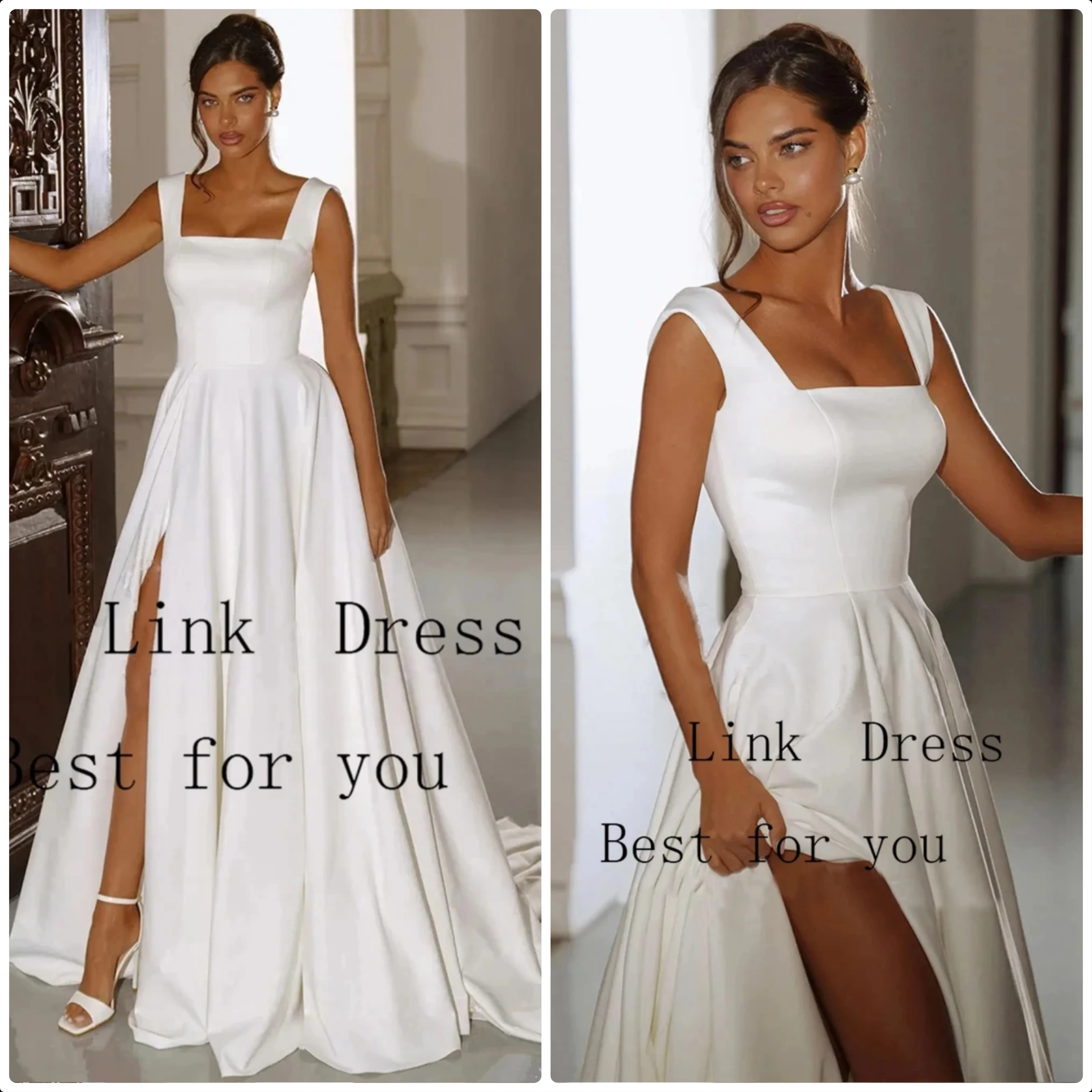 Square Collar Wedding Dresses for Ladies Elegant Side Slit Bridal Gowns with Satin Exquisite Sleeveless Vestidos De Novia New