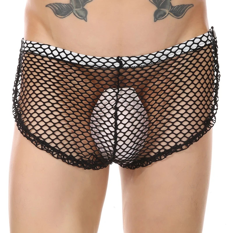 Men\'s Sexy Openwork Sheer Fishnet Briefs Bare Side Open Lingerie Mesh Transparent Shorts Hollow Mesh Breathable Panties