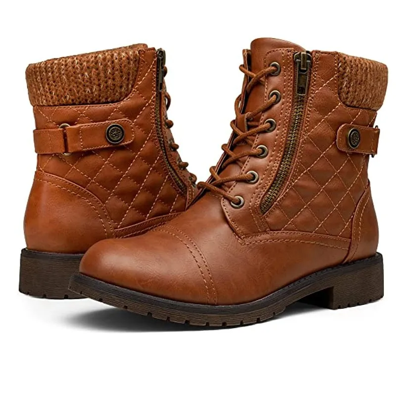 

European and American Warm Short Boots Women's Autumn and Winter Side Zipper Flat Boots Leather Boots