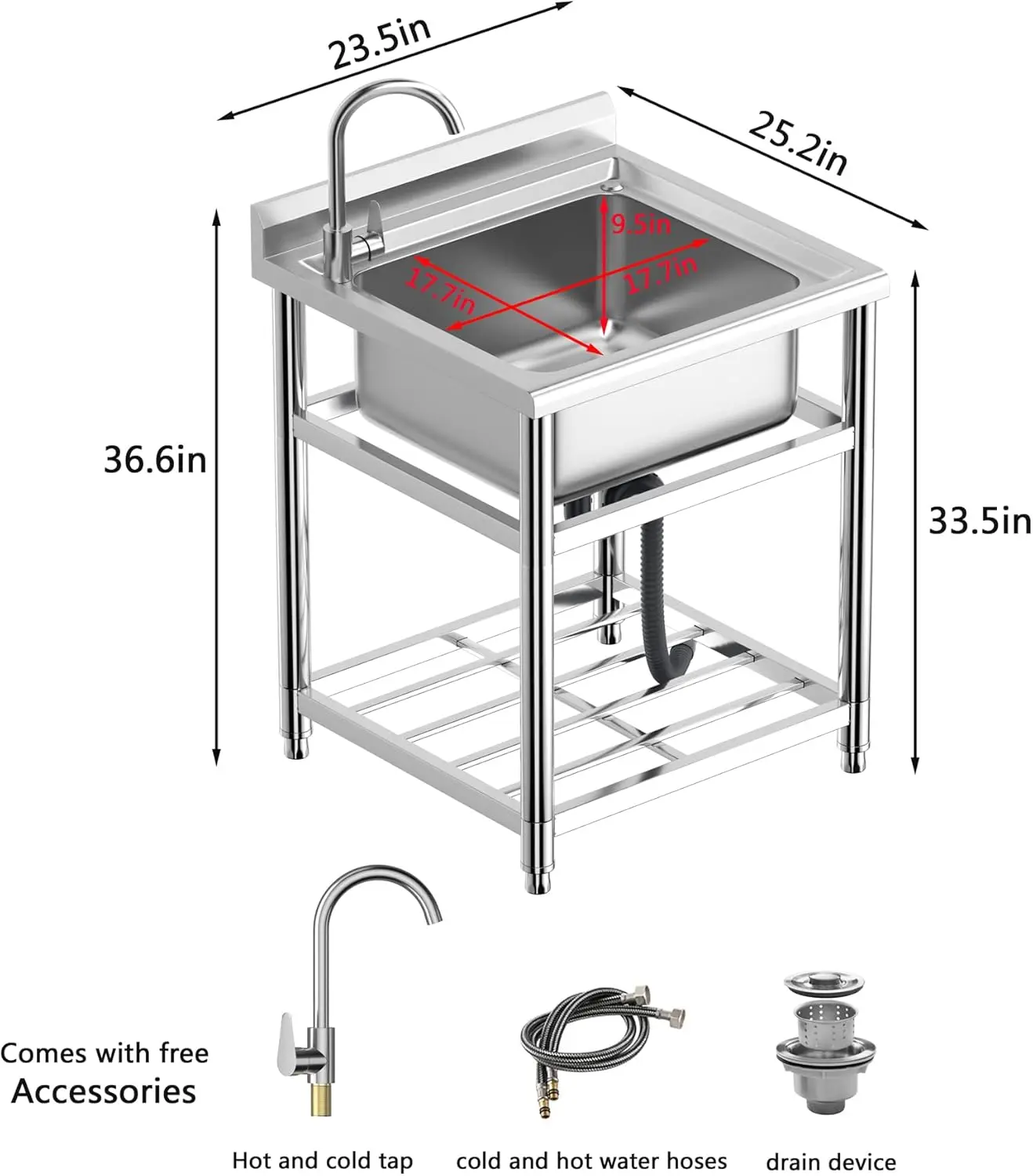 Freestanding Stainless Steel Sink, Commercial Restaurant Sink, Large Single Bowl , Outdoor Sink, Industrial  for Restaur