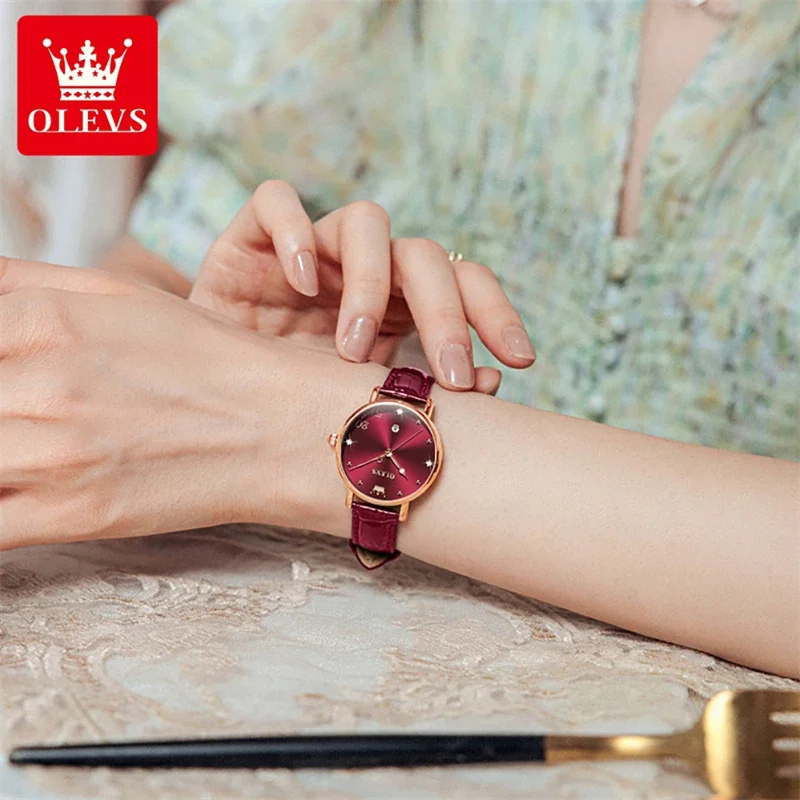 Olevs 5505 new fashion wine red ultra thin quartz watch WOMEN\'S leather waterproof calendar luxury women watches Reloj Mujer