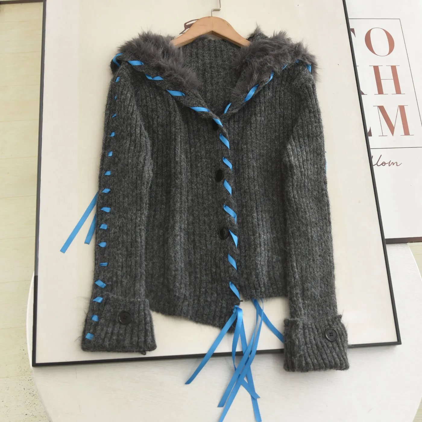 

Faionable Knitted Sweater 2025 Autumn Winter Uneven Design Slimming Cardigan Outerwear Long Sve Navy Collar Women's Coat