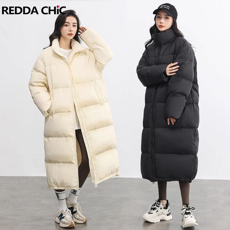 

ReddaChic Basic Solid Long Down Jacket Stand Collar Warm Winter Women Puffer Coat Demi-season Jacket Plus Size Female Parkas