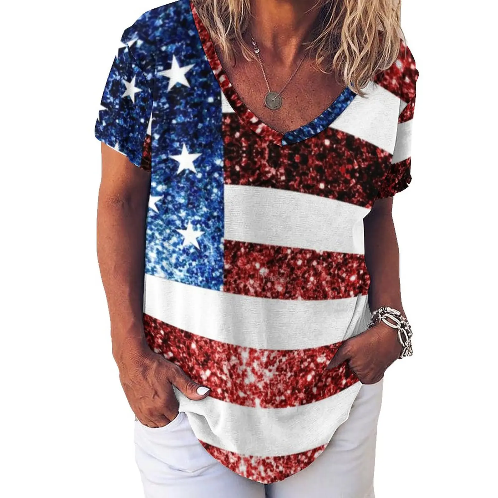 American Flag Red Blue T-Shirts Faux Sparkles Glitters Trendy Casual V Neck T Shirt Short Sleeve Kawaii Oversize Tees Print Tops