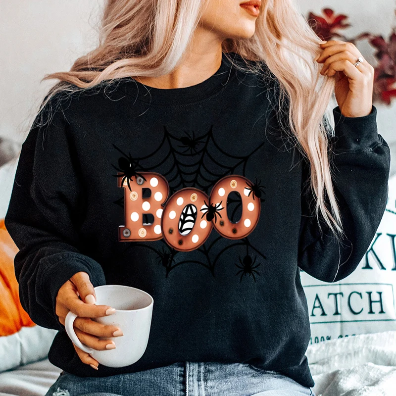 Halloween Boo Spider Web Print Hoodless Sweatshirt For Women Fashion Halloween Round Neck Pure Color Pullover Casual Ladies Tops