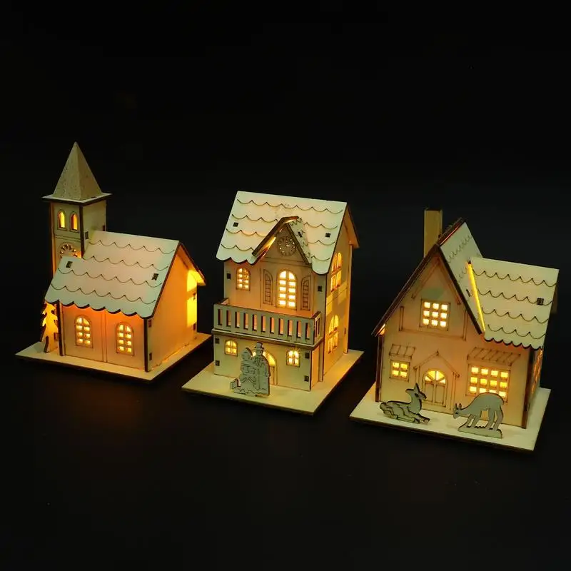 

3pcs Christmas Decoration Wooden Luminous Cabin Ornaments Creative Mini House Shape Decorations Micro House Landscape Decors