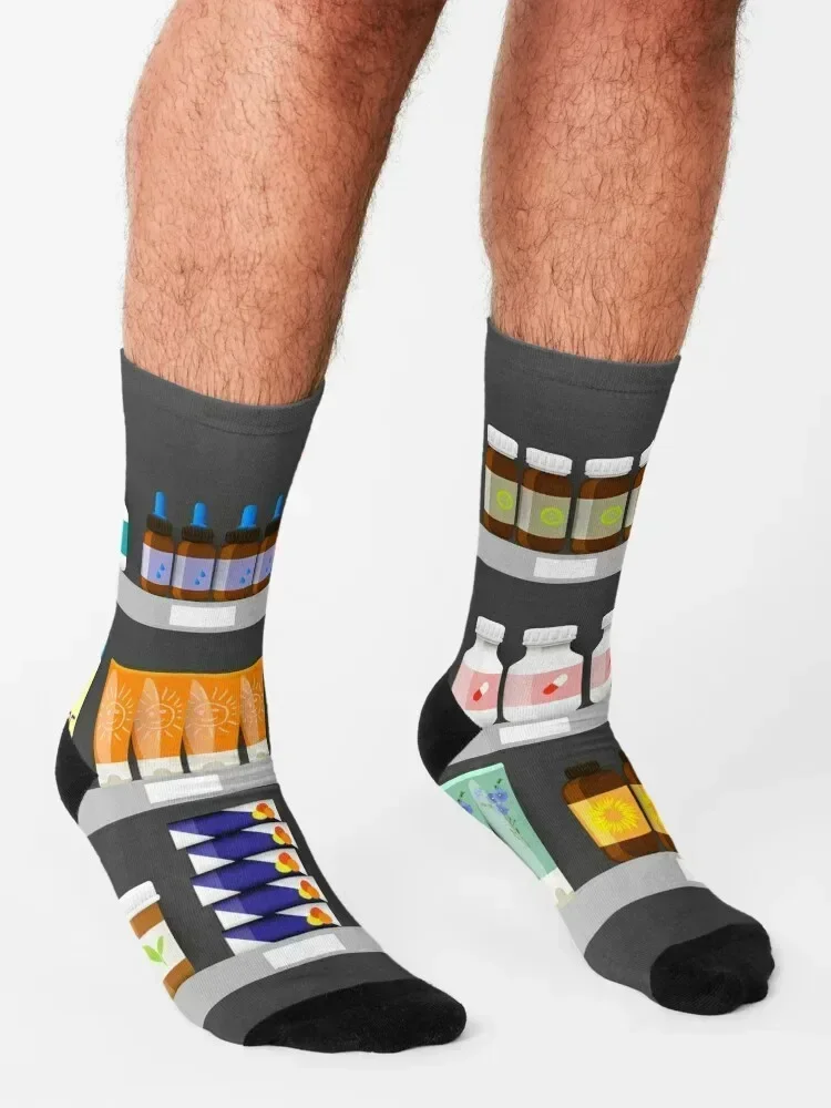 Pharmacy shelves with medicine bottles, sprays and pills Socks hiking luxe Christmas Socks For Men Women's