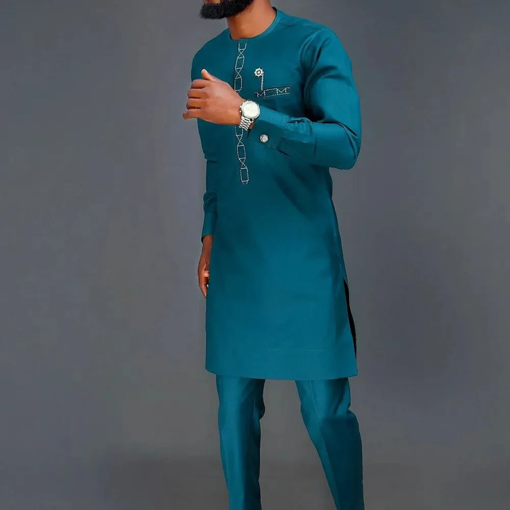 الصيف الرجال الأفريقيات التقليدية الأنيقة الدعاوى الزي Dashiki 2 قطعة قميص وسراويل مجموعة كاملة مصمم الملابس عباية العلامة التجارية زي