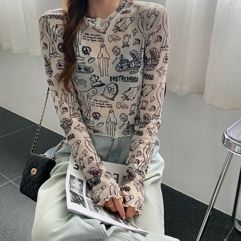 MEXZT Y2K Mesh Sheer T Shirts Women Streetwear Cartoon Print Crop Tops Korean Sexy See Through Long Sleeve Slim Chic Tees New