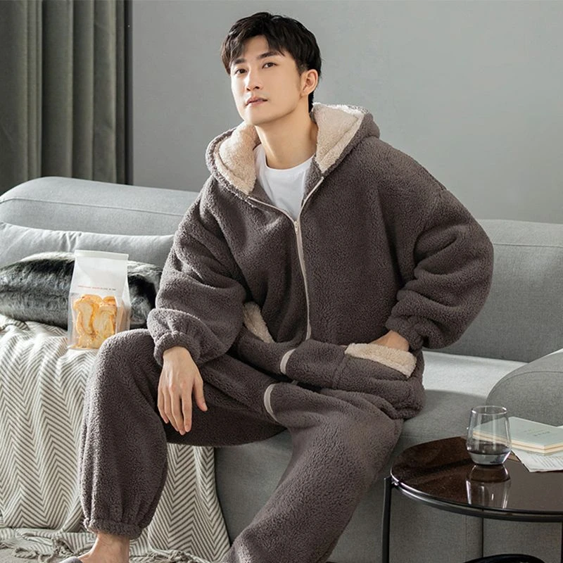 Winter One-piece Pajama Men\'s One-piece Soft Velveteen Plus Velvet-thickened Men\'s Homewear Can Be Worn Outside New Sleepwear