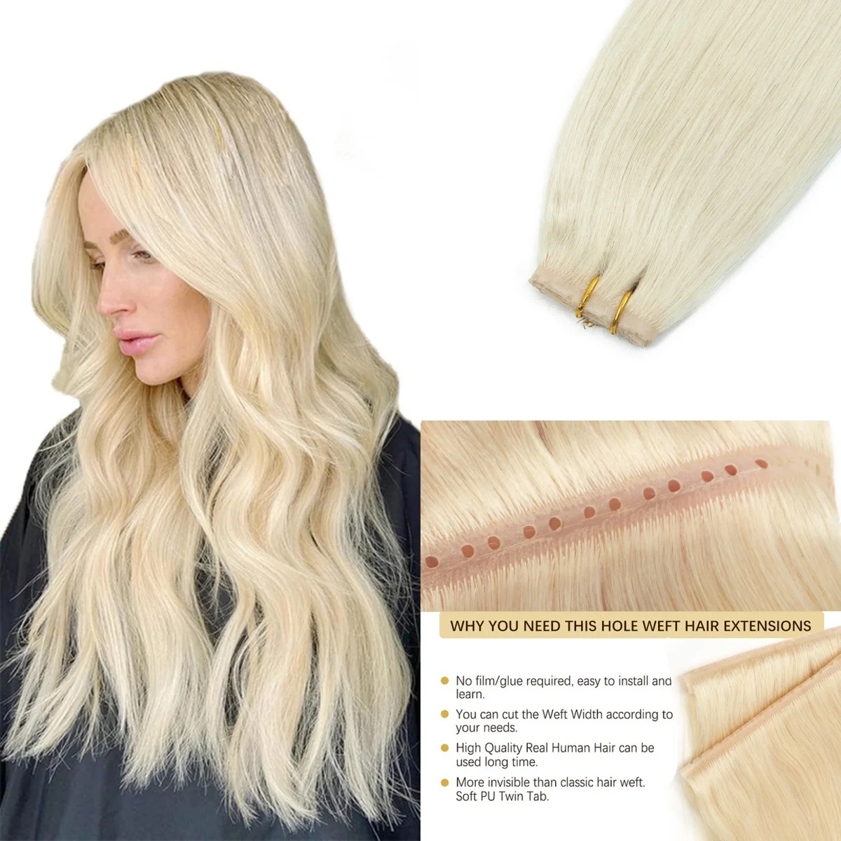 ツインタブ式見えないウェフト人毛エクステ　見えない穴フラットPUブロンド人毛　25cmロング　本物の人毛　接着剤不要　40-50g