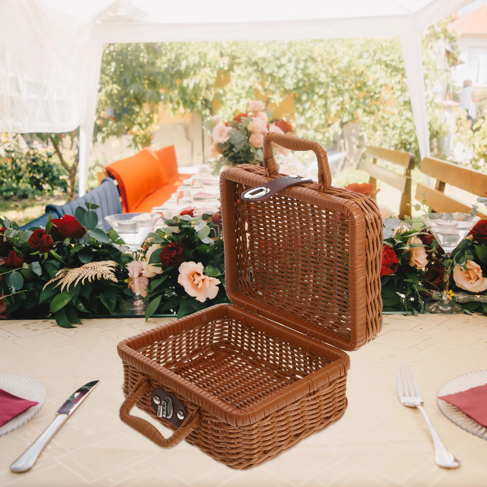

Vintage Style Woven Storage Basket Light Blue Handwoven Picnic Hamper for Wedding Photography Decorative Box Outdoor Event