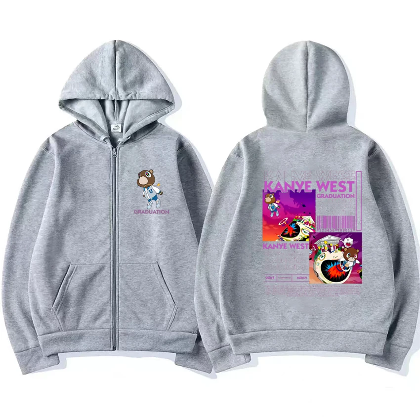 Sudadera con capucha de rapero Kanye West para hombre y mujer, abrigo con cremallera de oso de graduación, ropa de calle informal vintage, chaqueta con cremallera de forro polar Unisex, caliente