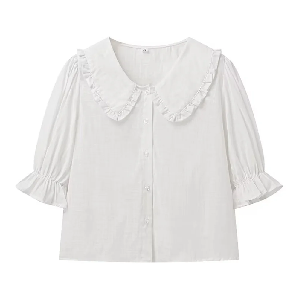 PB&ZA 2024 Spring New Women\'s Style Casual Versatile Ruffle Edge Cotton Linen Shirt Shorts Two Piece Set