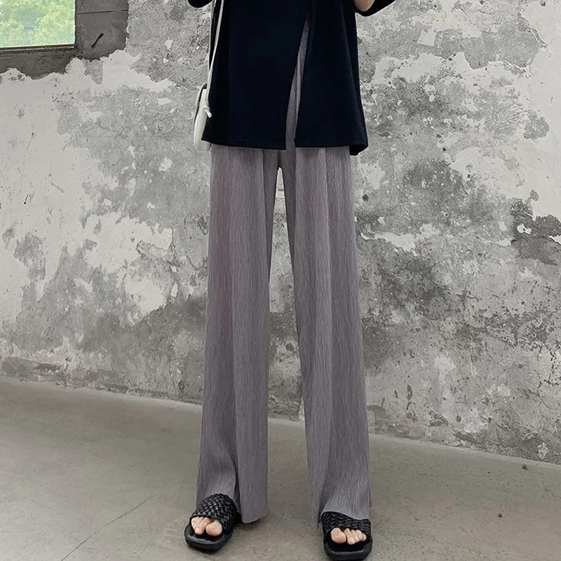 Summer Thin Style Casual Wide Leg Trousers Ladies High Waist Ice Silk Fabric Pleated Full Length Pants Fashion Chiffon Pants