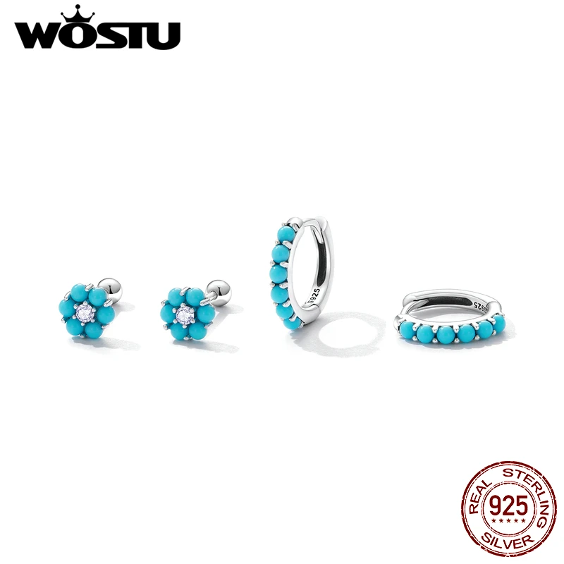 WOSTU European Vintage Natural Turquoise Hoop Earrings Solid 925 Sterling Silver Luxury Trendy Earring For Women Wedding Jewelry