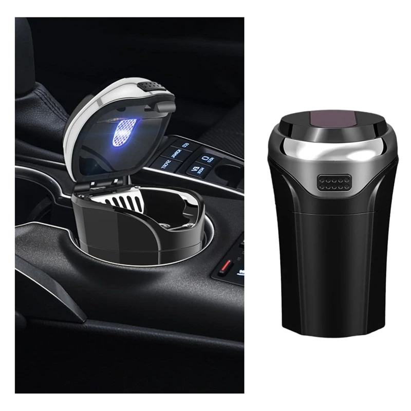 Cenicero de coche con tapa, Mini Cenicero de coche, cubo de basura, encendedor de cigarrillos recargable por USB desmontable con luz LED