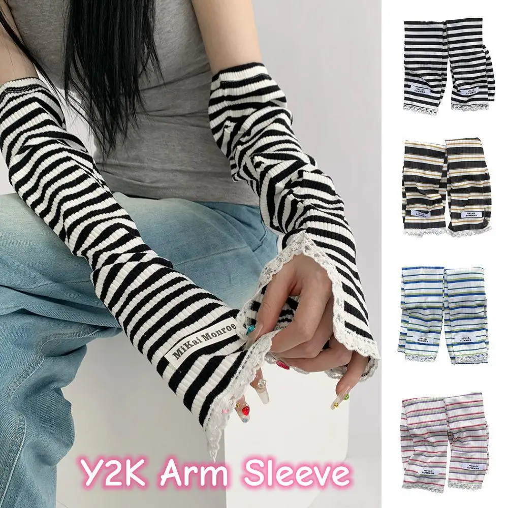 

Y2K Striped Lace Long Arm Sleeve Lolita Jk Fingerless Gloves Japanese Sun Protection Sleeves Driving Cycling Ice Silk Arm Sleeve