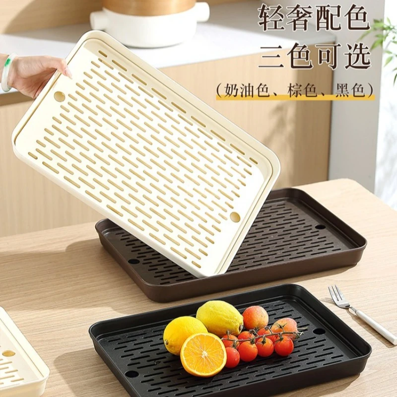 Ultra Extra Large Premium Sturdy Double-Layer Tea Tray with Drip Tray & Lid, Fruit Plate Storage Racks for Living Room and Homes