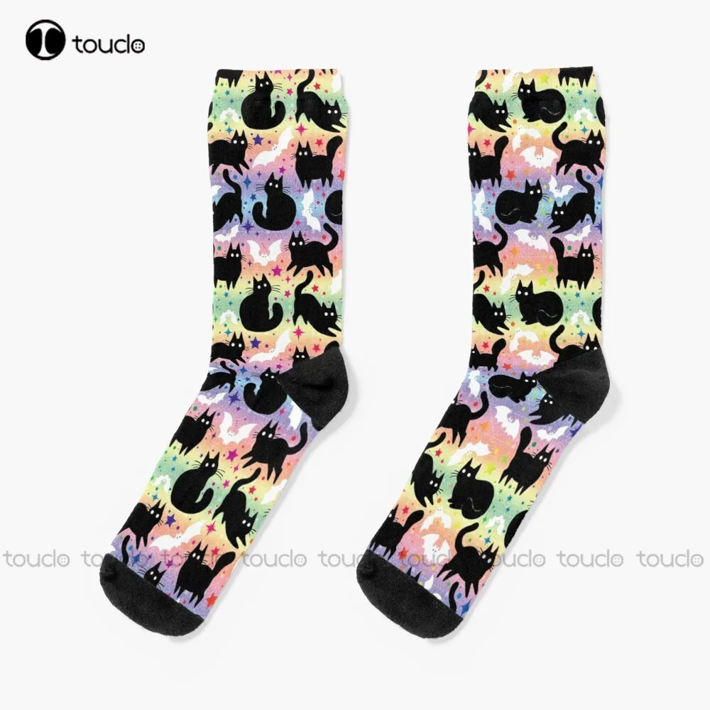 

Rainbow Halloween With Black Cats Socks Halloween Youth Socks 360° Digital Print Design Cute Socks Creative Funny Socks