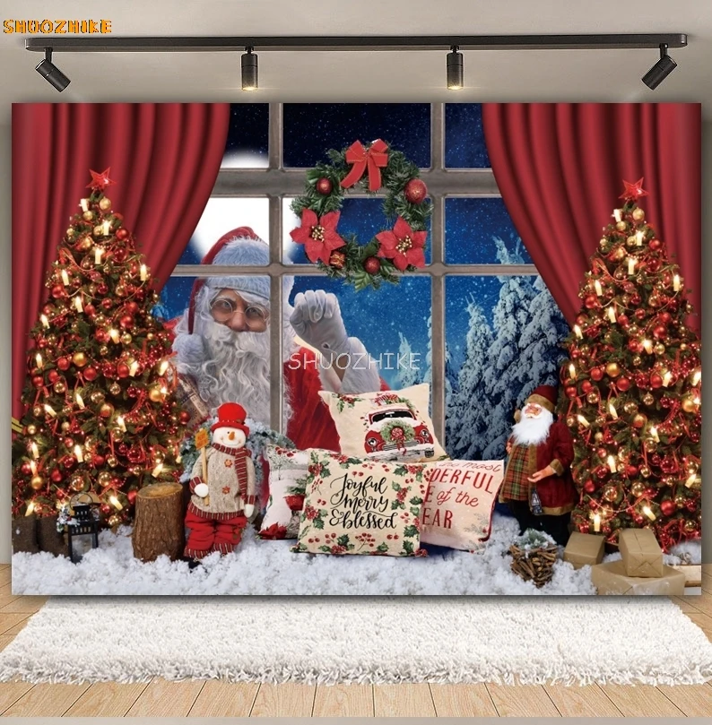 Winter Christmas Santa Claus Photography Backdrop Christmas Tree Fireplace Window Kids Portrait Family Party Photo Background
