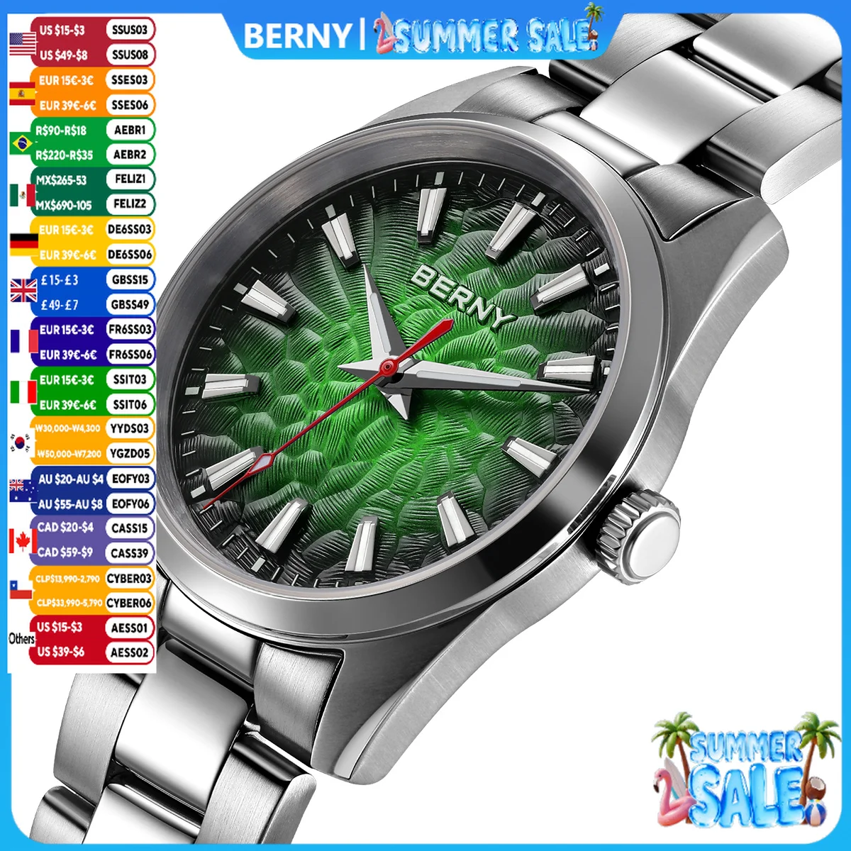 

BERNY Watches for Men Luminous Sapphire Quartz Men's Watch Fashion Casual 10ATM Full Stainless Steel Dress Business Wristwatch