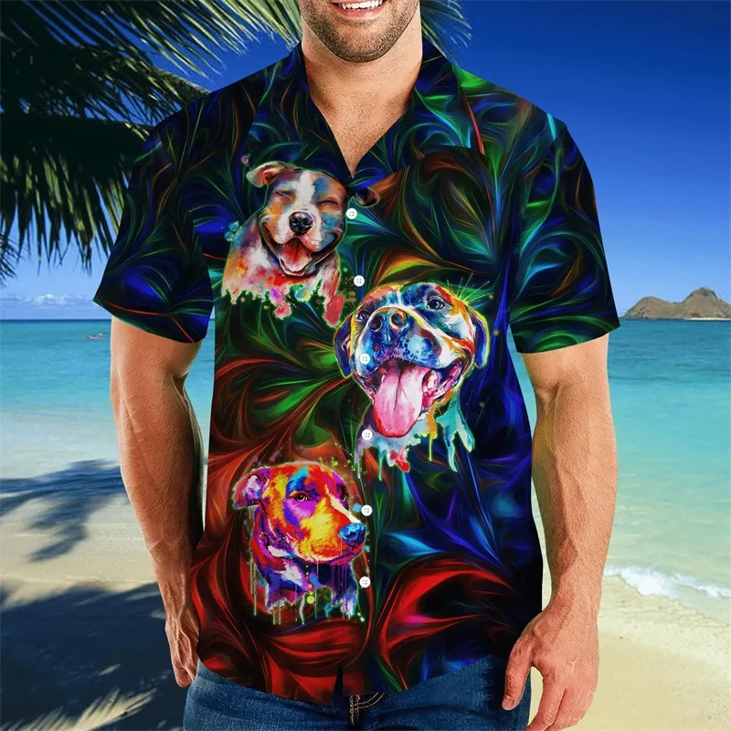 3D Print Pit Bull Terrier Graphic Hawaiian Shirt For Men Short Sleeve Casual Button Up Shirts Tops Gift For Dog Lovers