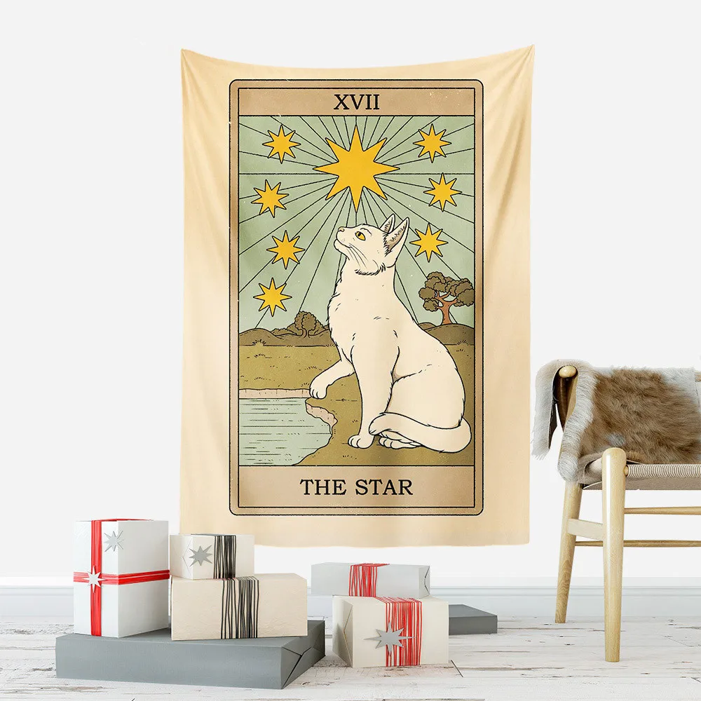 Cat Tarot Card Tapestry Wall Hanging Boho Hippie Sun Moon Star Cloth Fabric Large Tapestry Aesthetic Interior Dorm Bedroom Decor