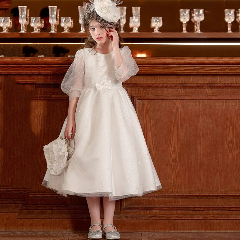 White French New Kids Gown Piano Children Girls Formal Party Celebration Evening Costume Performance Dress Baby First Birthday