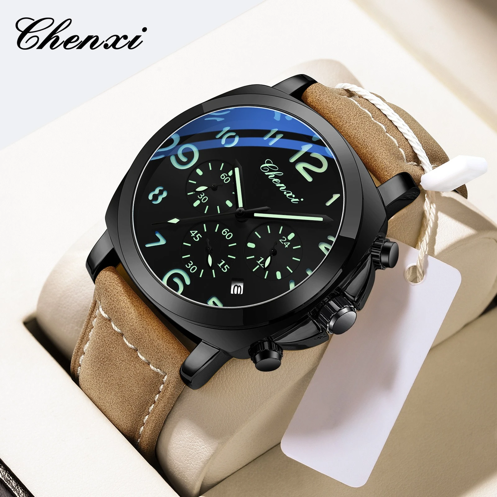 

CHENXI 954 Роскошные мужские часы с квадратным большим циферблатом, кварцевые наручные часы с кожаным ремешком, календарь, хронограф, водонепроницаемые часы для мужчин