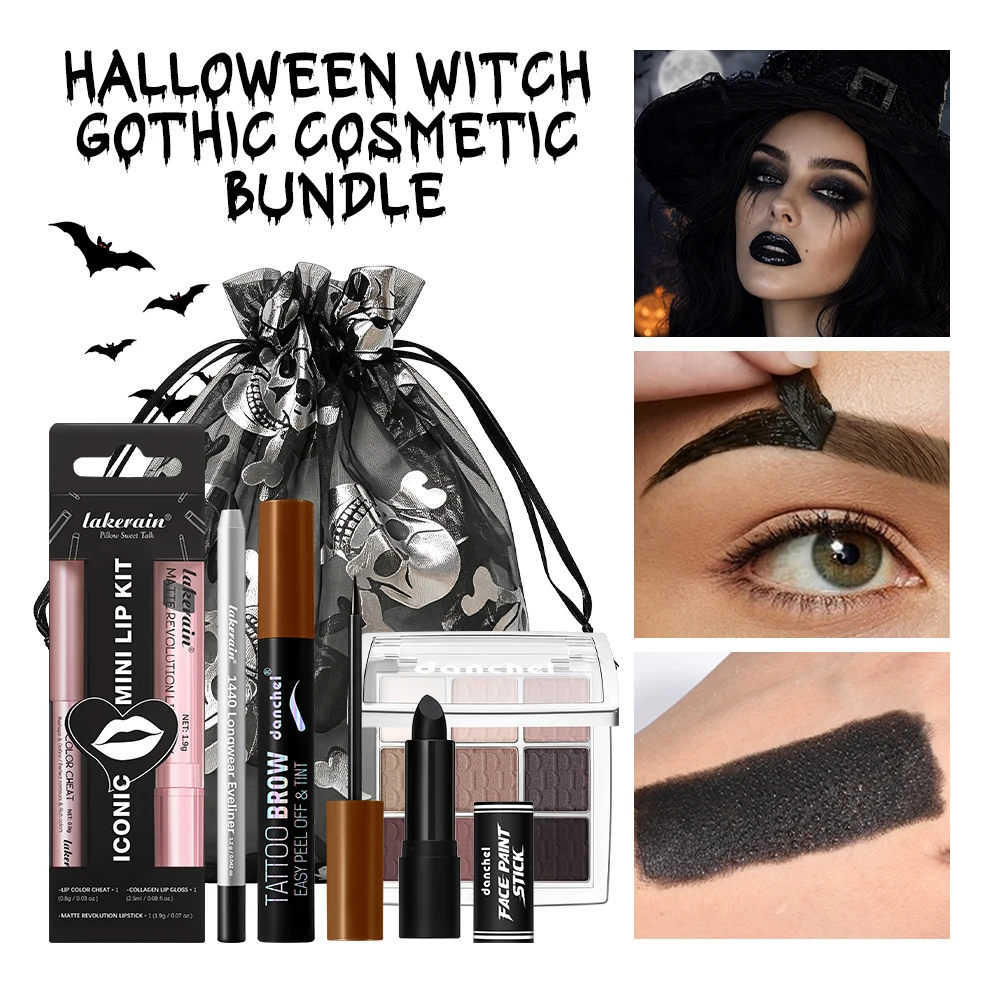 Halloween Witch Costume Makeup Set With Drawstring Bag Eyeshadow Lipstick Eyeliner Brow Face Paint for Halloween Cosplay Party