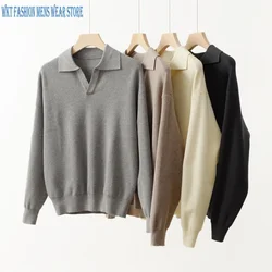 Winter V-neck Fashion Pullover Retro Polo Sweater Polyester Woolly Loose High-End Simple Solid Jumper Knitted Clothes for Men