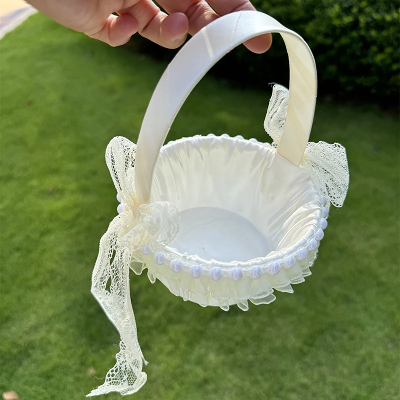 1PC Champagne Wedding Satin Lace Long Bow Small Flower Basket Western Wedding Flower Girl Basket Festival Storage Basket