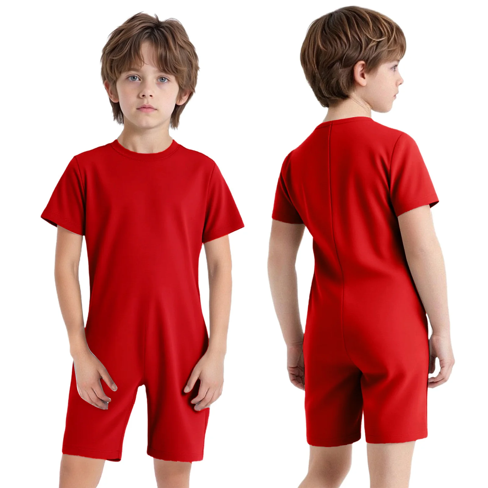 Kids Special Needs Adaptive Clothing Round Neck Short Sleeve Back Invisible Zipper Solid Color Jumpsuit image 3