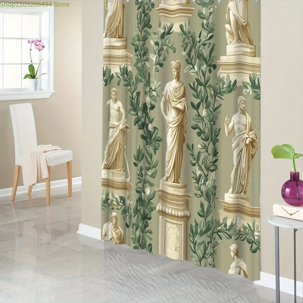 

1 шт. неоклассическая занавеска для душа с греческой и римской статуей - зеленый фон с пышными лаврами, полиэфирная ткань, 12 крючков, 1