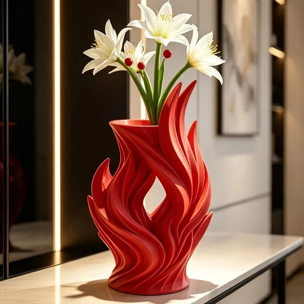 Flower Arrangement 3D Printed Irregular Vase Hollow Out Minimalist Artistic Flame Vase Twisted Wave Flower Container Entrance