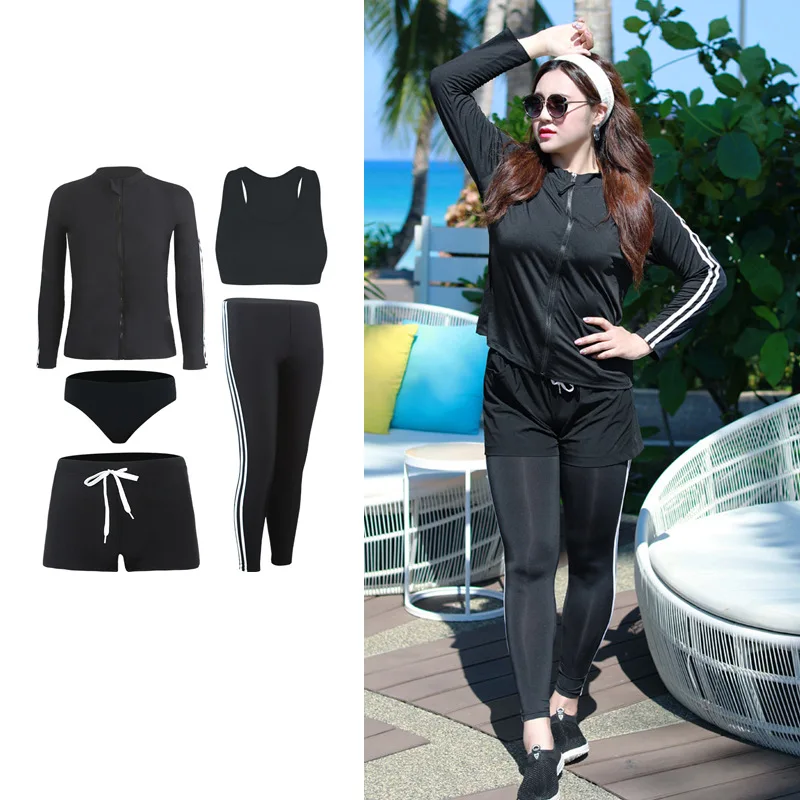 5pcs/set Women’s Plus Size Long Sleeve Rash Guard Swim Shirt with Bottoms Sun Protection Swimsuit Bathing Suit Water Sportswear