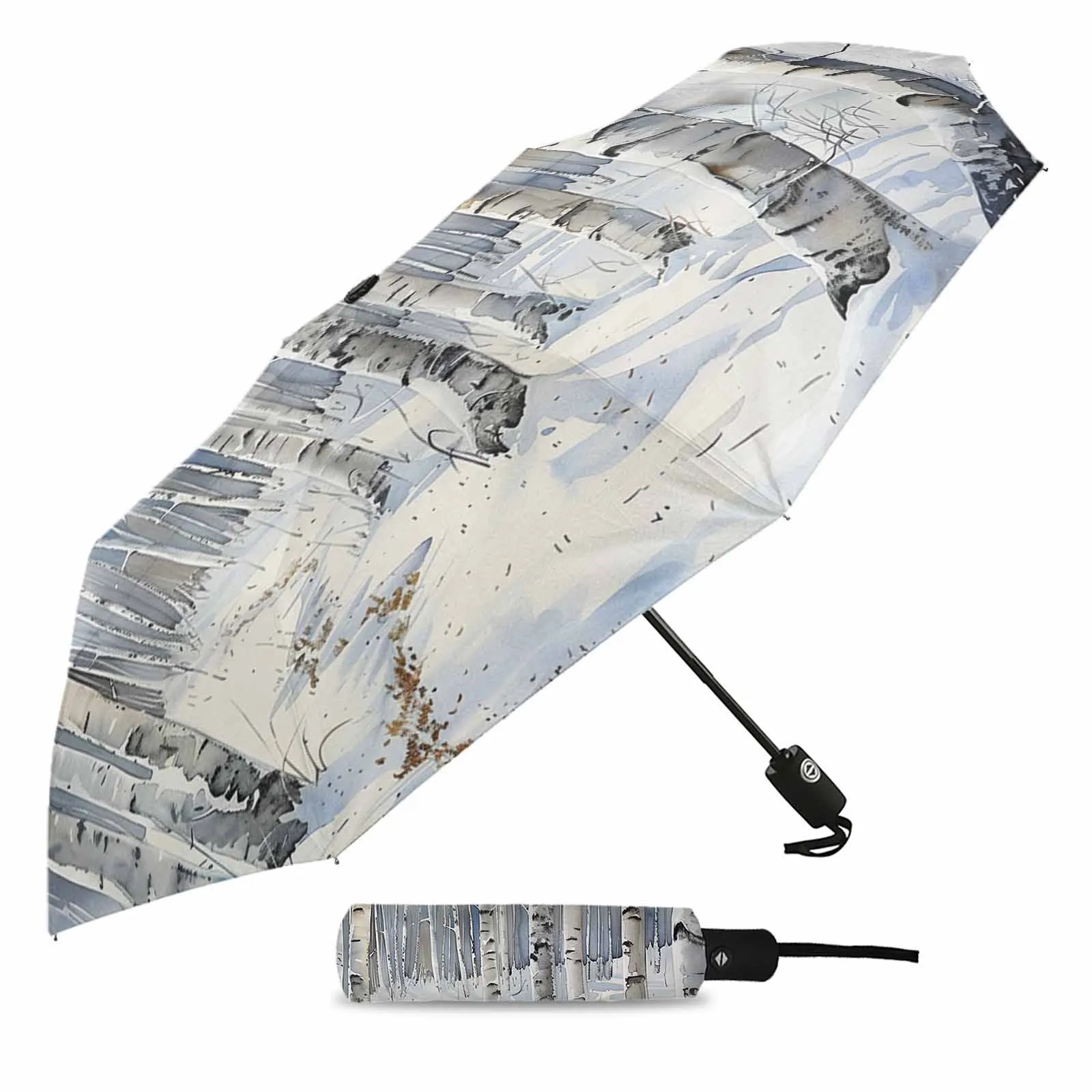 Winter Snow Scenery Watercolor Birch Tree Fully-automatic Umbrella for Outdoor Adults Umbrella Foldable Eight Strand Umbrella