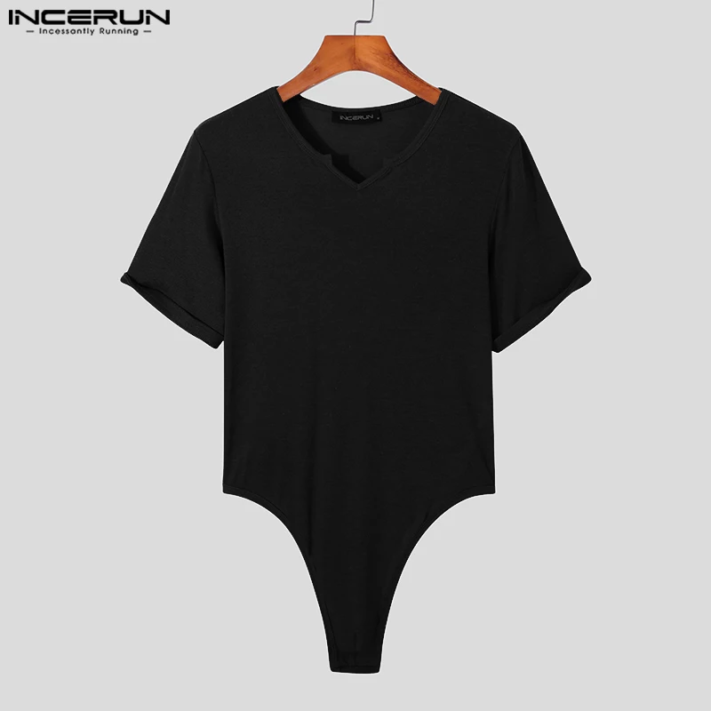 Men Bodysuits Solid Color V Neck Short Sleeve Pajamas Sexy Homewear Rompers 2024 Fashion Fitness Men Bodysuit INCERUN Plus Size