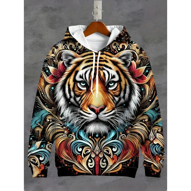 

2025 Novelty Animal Tiger 3D Printed Men's Spring and Autumn Hoodie, Extra Large Long Sleeve Sportswear for Men