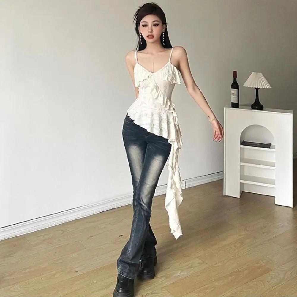 Ruffled Edge Asymmetric Tassel Camisole V-neck A-line Lace-up Slim Crop Top Solid Color Spicy Girl Style Sleeveless Top Women
