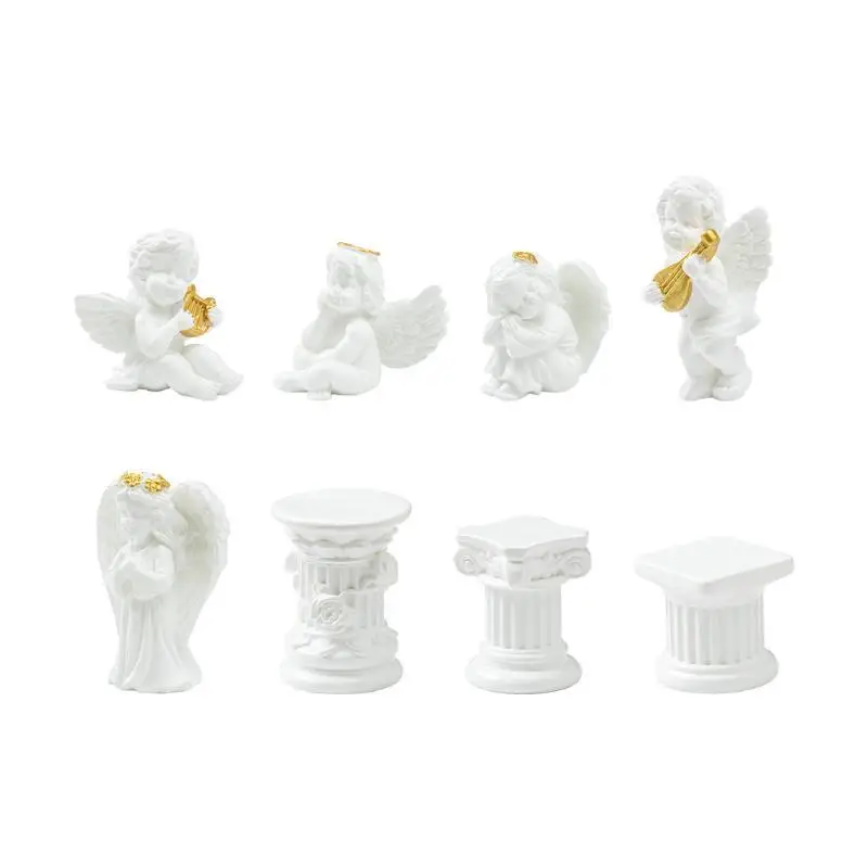 [L] Mini Resin Angel Figurine With Adorable Golden Details And Roman Pillars Perfect For Garden Patio Desktop Home Decor