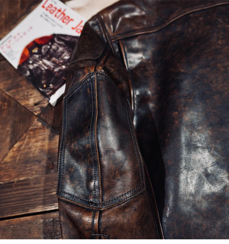 خياط براندو كلاسيكي R * L الحبوب الكاملة الخضار المدبوغة يدويا مخيط جلد البقر الرجال قطري البريدي سترة جلدية للدراجات النارية